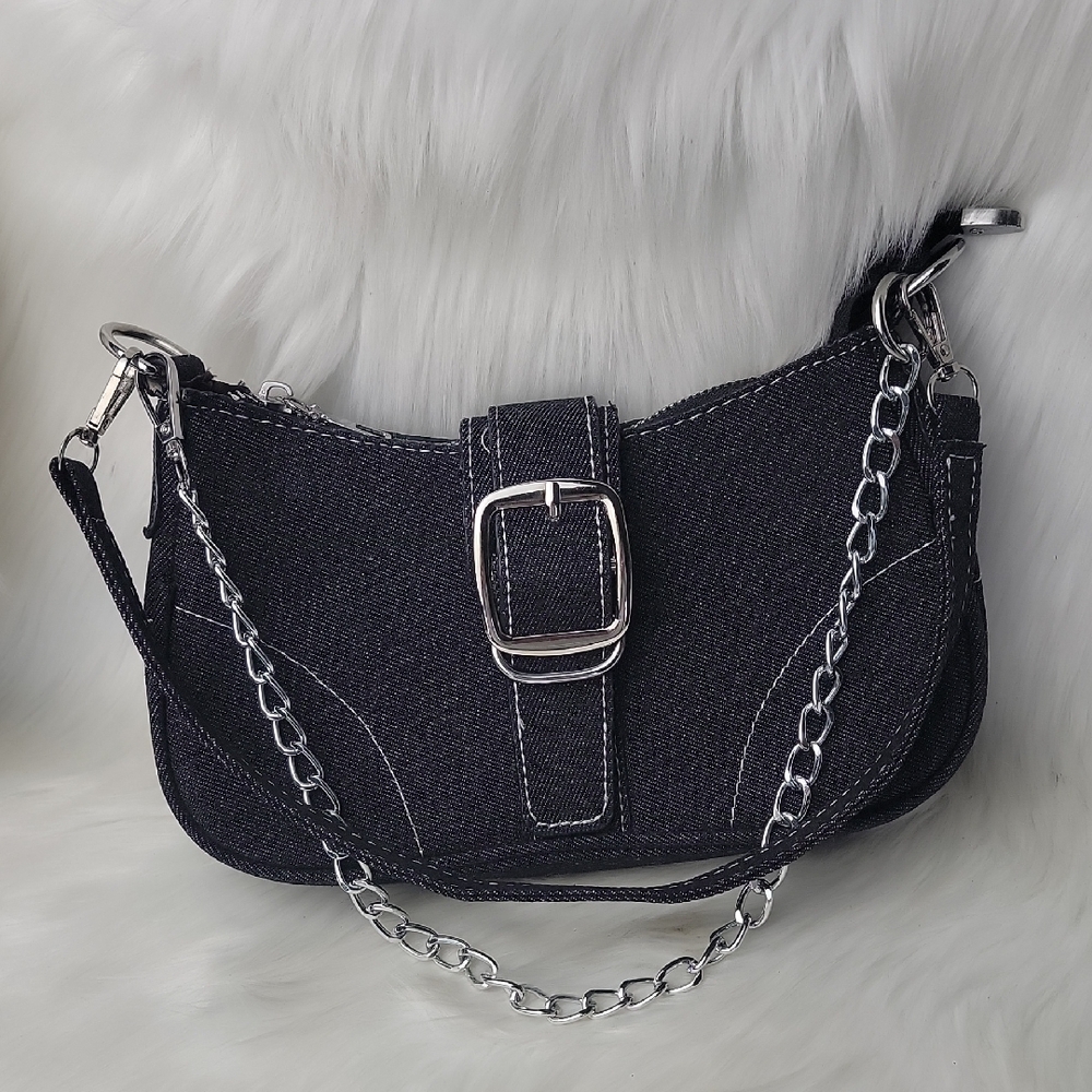 BLACK Denim Silver Tone Hardware Buckle Chain Baguette Shoulder Wristlet Bag‎